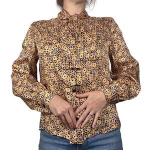 Vintage 1940s Novelty Print Blouse Silk Knit Art Deco Neck Tie Button Up AS IS